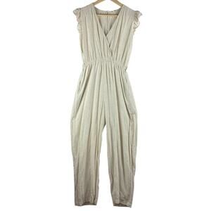 Sim & Sam Linen Blend Cottage Jumpsuit Womens Medium Cream Ruffle Slub Lagenlook